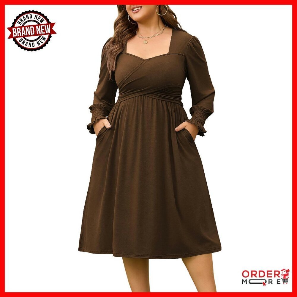 Plus Size Maxi Dress Long Sleeve Pockets Square Neck Back Tie Work Casual